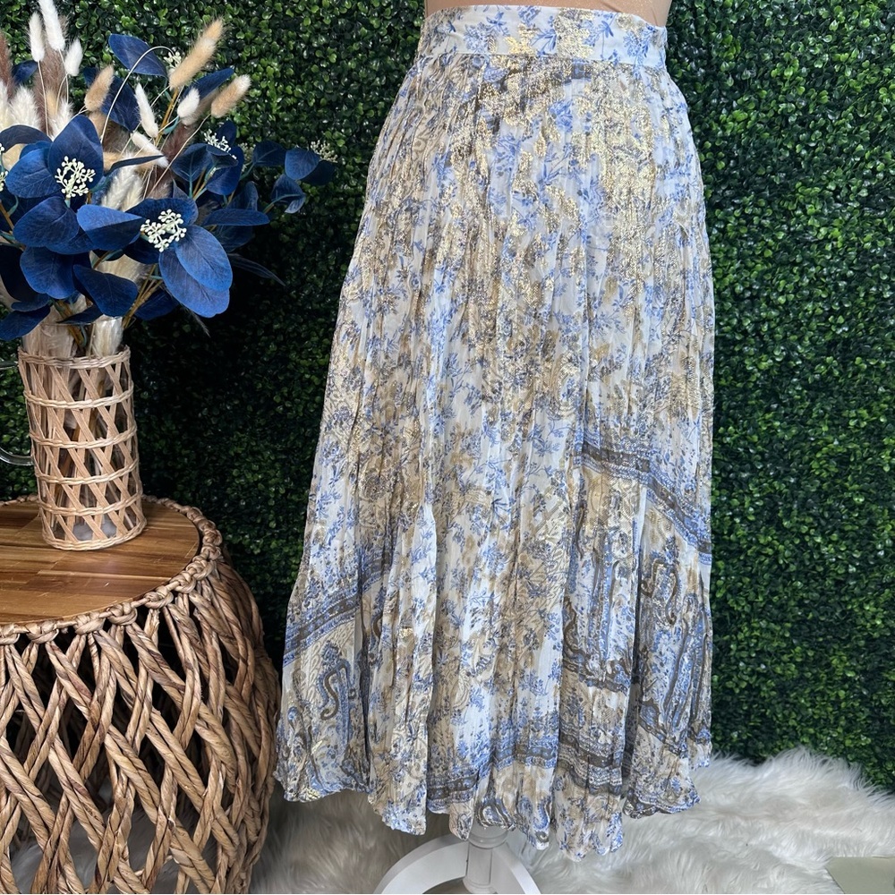 Soft‎ Surroundings silk blend blue paisley metalic gold Pleated Midi Skirt NWOT - Picture 8 of 13